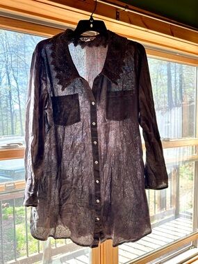April Cornell Sheer Black Button-Up Blouse with Lace Collar